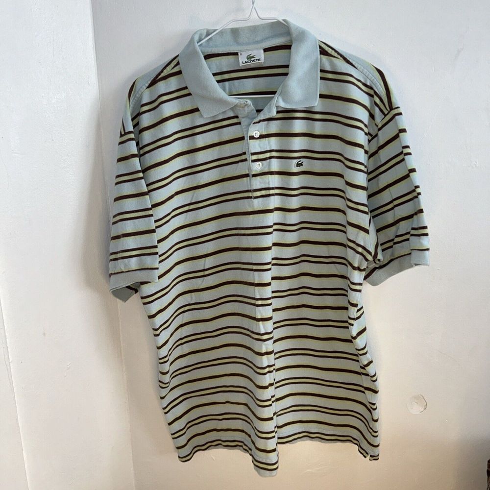 Lacoste Classic Striped Polo Shirt Light Blue Brown Yellow‎ Cotton Size 8